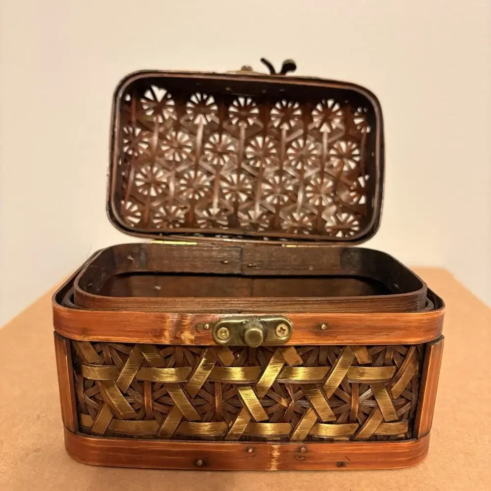 Handwoven Bamboo Keepsake Storage Box with Metallic Ribbon Weave & Latch Vintage